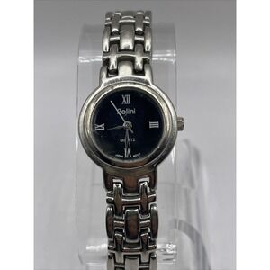 Polini Women's Quartz Watch Silver Tone‎ Band Black Dial- New Battery